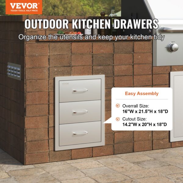 VEVOR stainless steel chest of drawers, outdoor kitchen setting, brick wall, easy assembly.