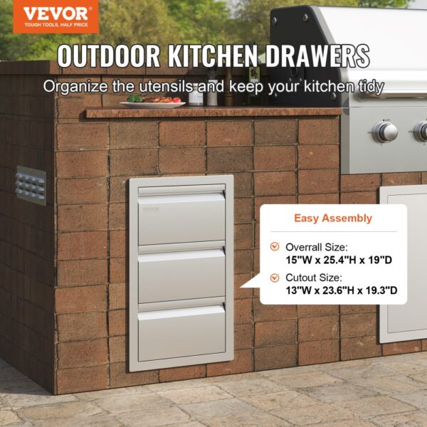 VEVOR outdoor kitchen drawers, easy assembly, 15"x25.4"x19", installed in brick kitchen.