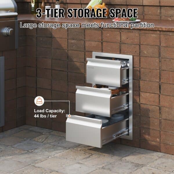 three-tier VEVOR outdoor kitchen drawers in brick wall kitchen setup, load capacity 44 lbs/tier.