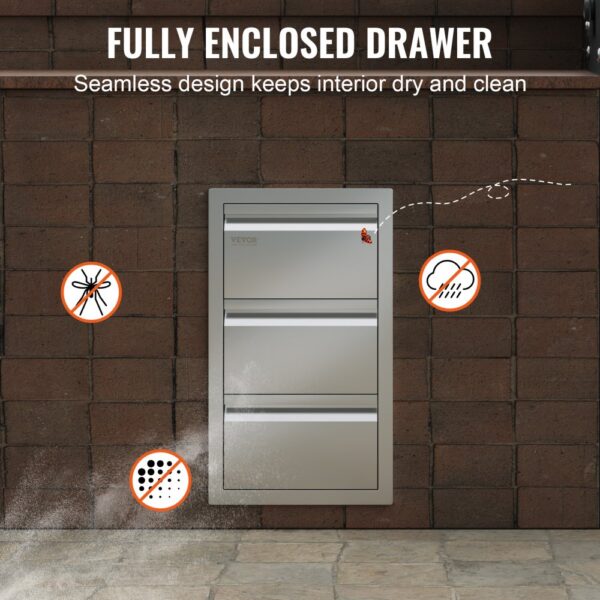 VEVOR outdoor kitchen drawers displayed in a brick setting, showcasing seamless, enclosed design.