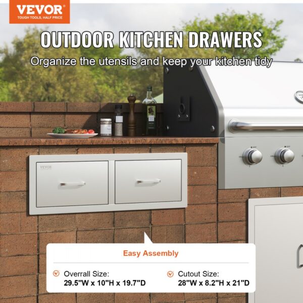 VEVOR outdoor kitchen drawers in a brick setup with stainless steel handles and grill nearby.