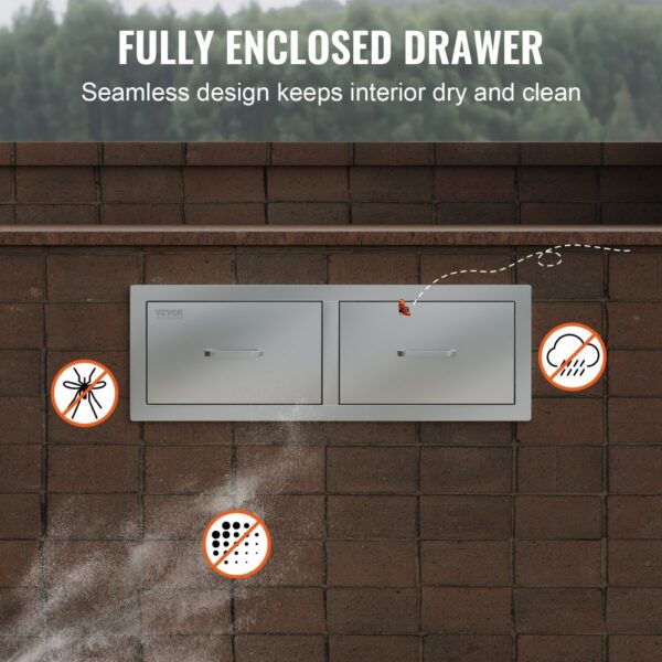 VEVOR outdoor kitchen drawers against a brick wall, showing its weather-resistant features.