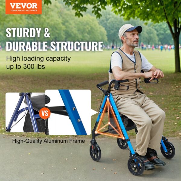 VEVOR rollator walker in park setting, highlighting 300 lbs capacity and high-quality aluminum frame.