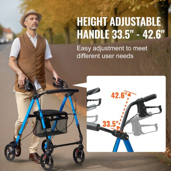 man using VEVOR rollator walker with blue frame and height-adjustable handles.