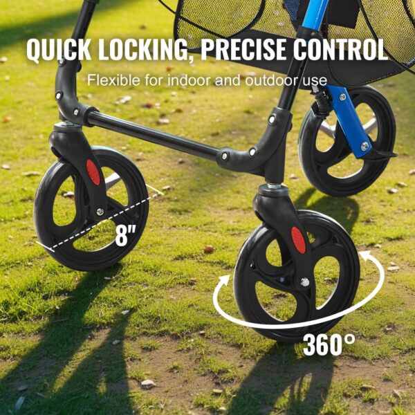 8" front wheels of VEVOR rollator walker on grass, showcasing quick locking and 360-degree rotation.