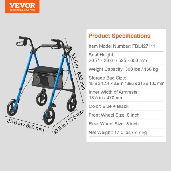 VEVOR rollator walker with blue frame, mesh seat, 8-inch wheels, and storage bag; measurements listed.