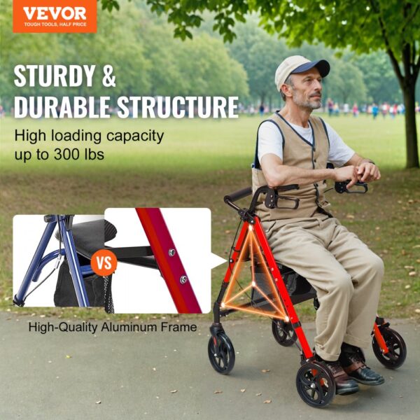 VEVOR rollator walker with a high-quality aluminum frame, supporting up to 300 lbs; ideal for outdoor use.