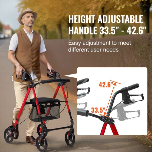 man using VEVOR rollator walker with height adjustable handle 33.5"-42.6" on a tree-lined path.