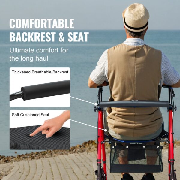 senior man sits on a VEVOR rollator walker with a cushioned seat and breathable backrest by the seaside.