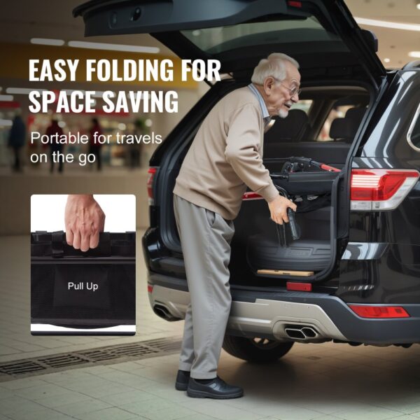 senior man loading VEVOR rollator walker into car trunk, emphasizing easy folding and space-saving.