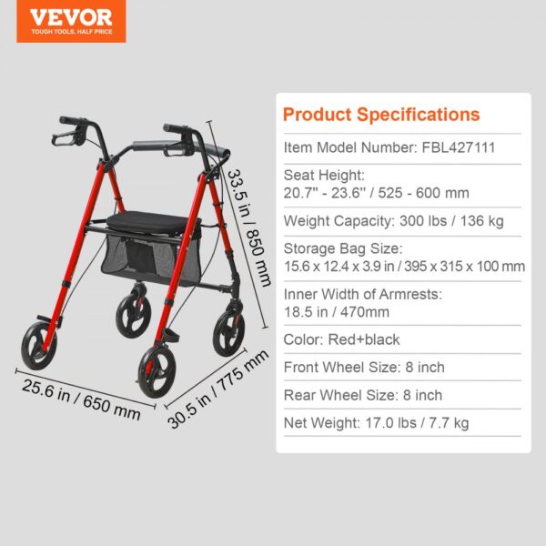 VEVOR rollator walker in red and black with specifications: seat height, weight capacity, and storage bag size.