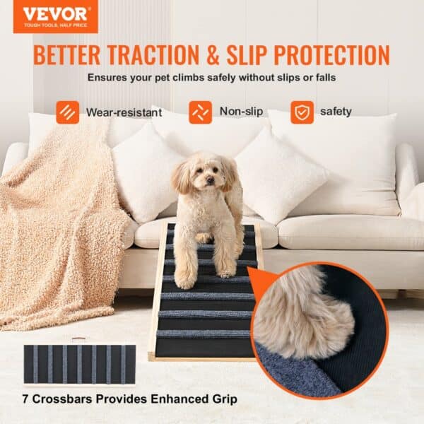 VEVOR dog ramp with 7 crossbars ensures better traction and slip protection for pets climbing onto couches.