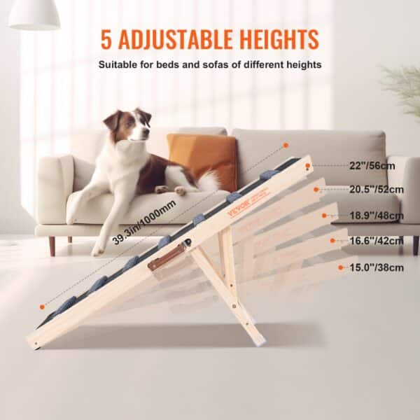VEVOR dog ramp with 5 adjustable heights, ideal for beds and sofas, supporting pets up to 39.3in/1000mm.