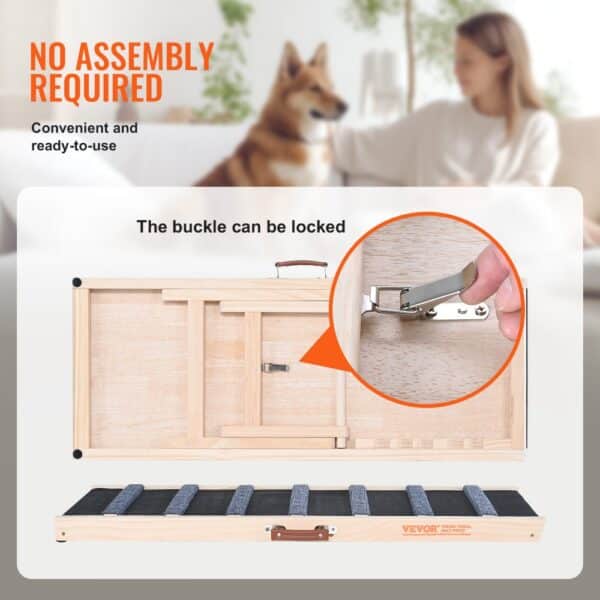 VEVOR dog ramp - no assembly required, convenient buckle lock, ready-to-use for pets indoors.