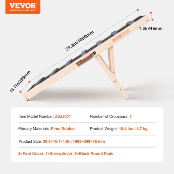 VEVOR dog ramp with 7 crossbars made of pine and rubber, dimensions 39.3x15.7x1.8 inches.