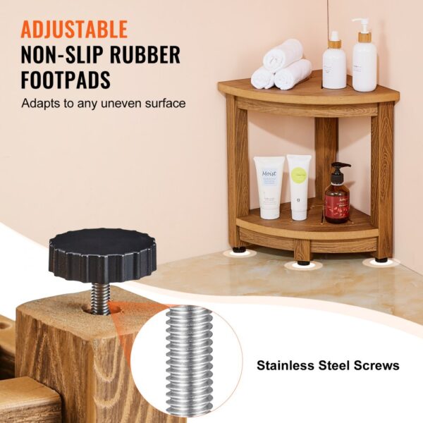 VEVOR corner shower bench with non-slip rubber footpads and stainless steel screws holding toiletries.