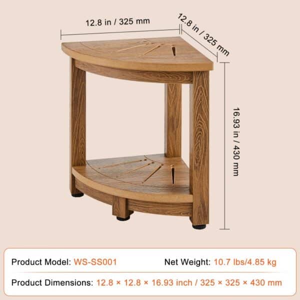 VEVOR corner shower bench, dimensions 12.8 × 12.8 × 16.93 inches, wooden design, model ws-ss001.