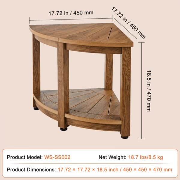 VEVOR corner shower bench in wood finish with dimensions 17.72x17.72x18.5 inches, model ws-ss002.