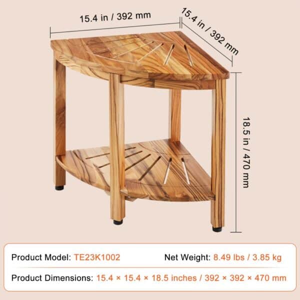 VEVOR Corner Teak Shower Bench, 18.5" Height 15.5" Radius, 100% Teak Wood Corner Shower Beach, Mold-resistant, 500 LBS with Storage Shelf, Shower Stool for Inside & Outside Shower, for Bathroom