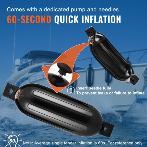 VEVOR boat fenders with a dedicated pump and needles for 60-second quick inflation on a boat.