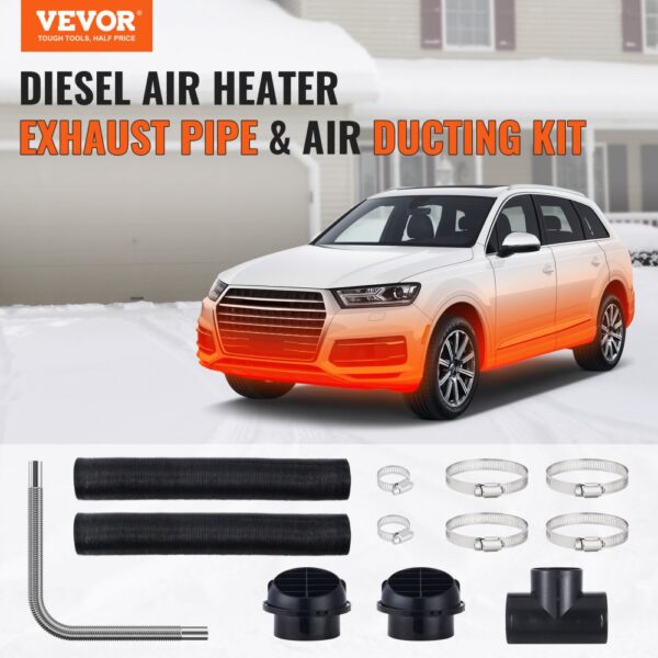 VEVOR diesel heater exhaust pipe and air ducting kit displayed with a car in snowy winter setting.