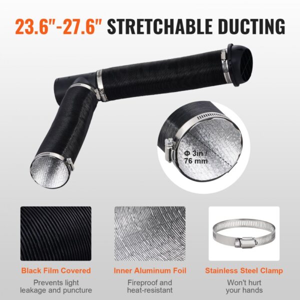 stretchable ducting for VEVOR diesel heater with black film, aluminum foil, and steel clamp details.