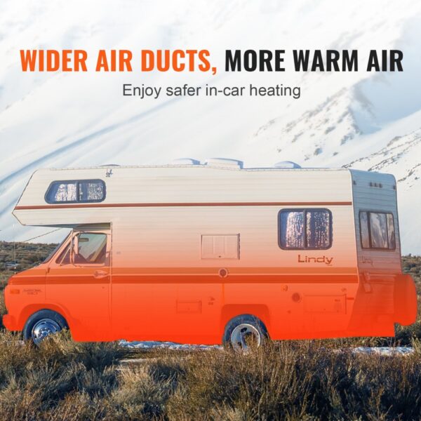 camper with VEVOR diesel heater for wider air ducts and more warm air in snowy mountain landscape.