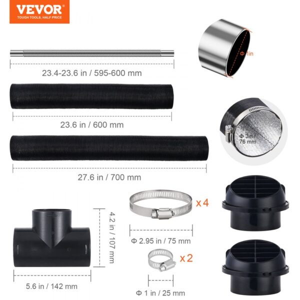 VEVOR diesel heater components including pipes, clamps, and connectors with dimensions.