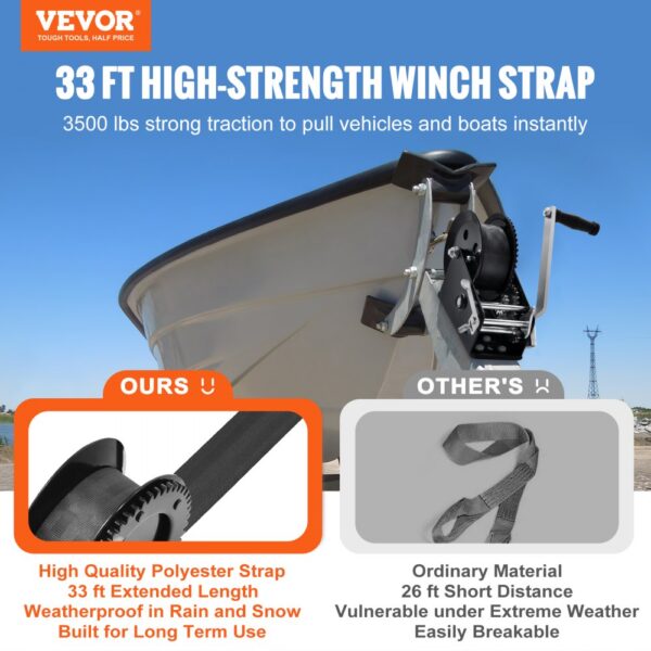 VEVOR hand winch with high-strength 33 ft polyester strap for boats, compared to ordinary 26 ft strap.