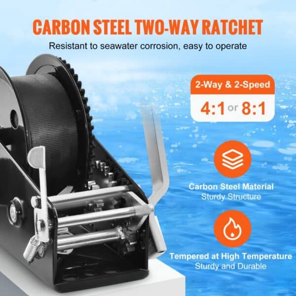 VEVOR hand winch with carbon steel ratchet, seawater-resistant, 2-speed options, and high-temperature tempered.