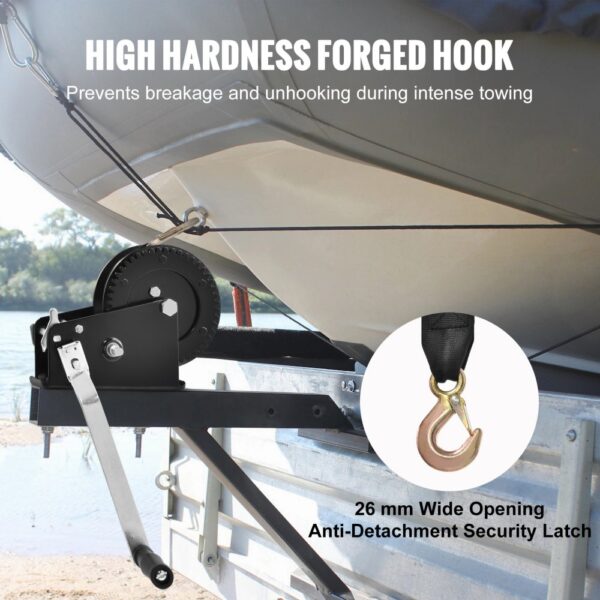 VEVOR hand winch loading a boat with a high hardness forged hook and 26 mm wide opening security latch.