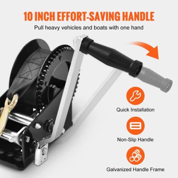 VEVOR hand winch with 10-inch effort-saving handle, quick installation, non-slip grip, galvanized frame.