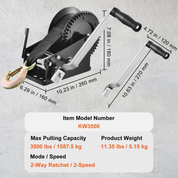 VEVOR hand winch kw3500 with max pulling capacity 3500 lbs and dimensions detailed in specifications.