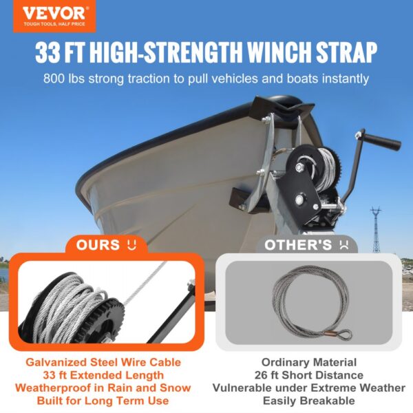 VEVOR boat trailer winch in use, showcasing high-strength 33 ft strap and comparison with inferior alternatives.