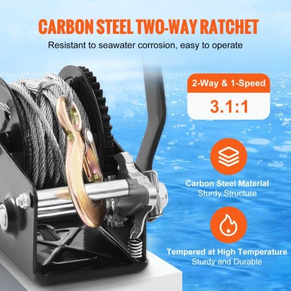 VEVOR boat trailer winch with carbon steel two-way ratchet, 3.1:1 ratio, anti-corrosion, durable.