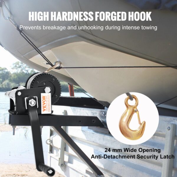 VEVOR boat trailer winch with high hardness forged hook and 24 mm wide opening security latch.