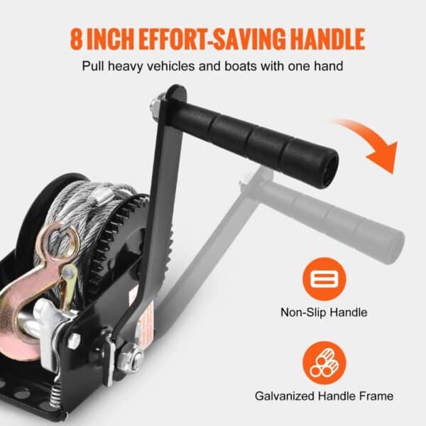 VEVOR boat trailer winch with 8-inch non-slip handle, galvanized frame, and durable steel cable.