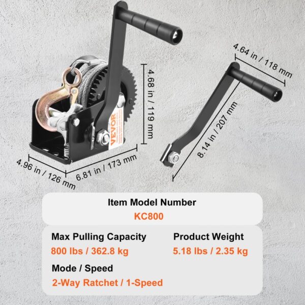 VEVOR boat trailer winch kc800, 800 lbs capacity, 2-way ratchet, 5.18 lbs weight, dimensions included.