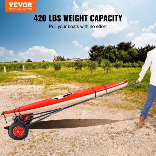 VEVOR boat trailer dolly easily pulling a red boat with a 420 lbs weight capacity on a sunny day.