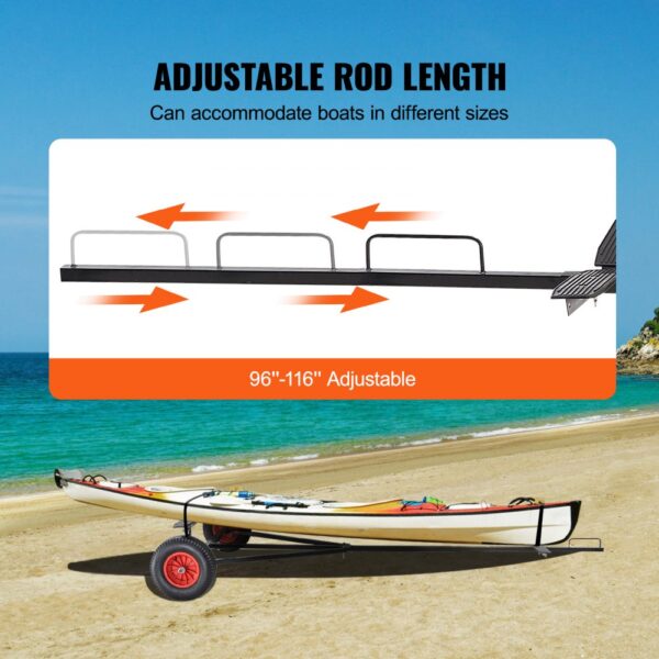 VEVOR boat trailer dolly with adjustable rod length from 96" to 116" for different boat sizes on a beach.