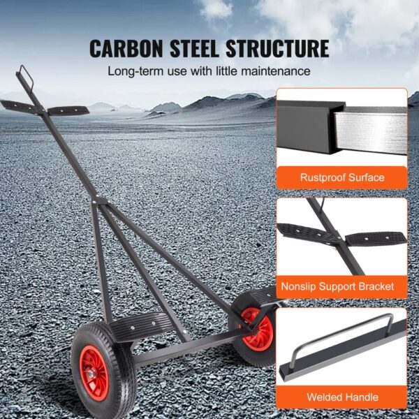 VEVOR boat trailer dolly with carbon steel structure, rustproof surface, nonslip support bracket, welded handle.