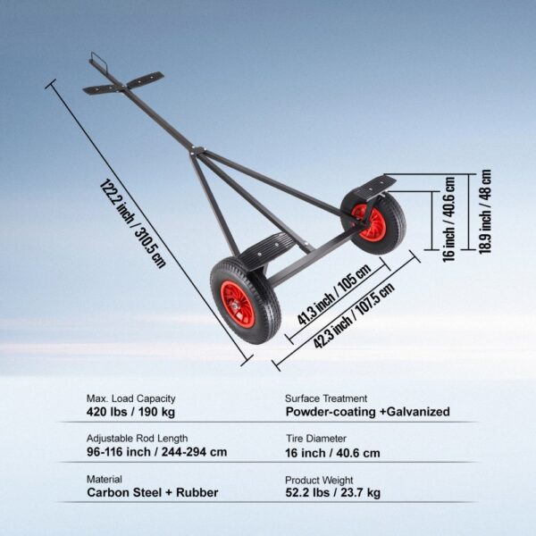 VEVOR boat trailer dolly with adjustable rod length, 420 lbs max load, 16-inch tires, and powder-coated frame.