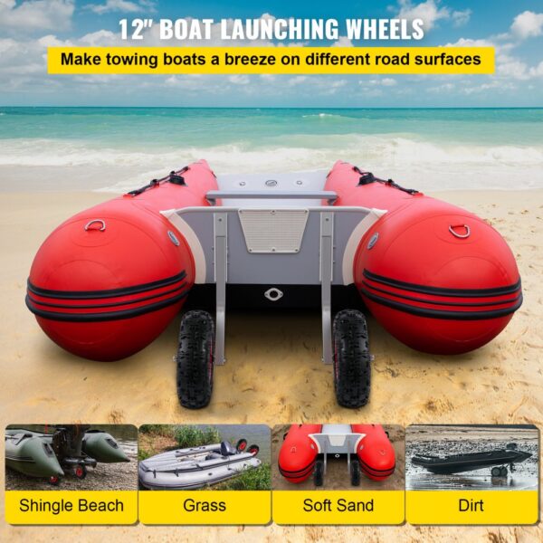 VEVOR boat launching wheels on inflatable boat for various surfaces: beach, grass, sand, dirt.