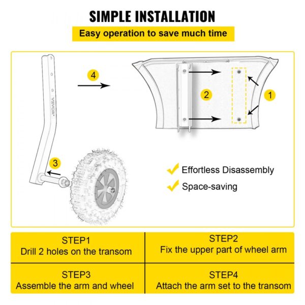 VEVOR boat launching wheels installation steps for easy operation and space-saving.