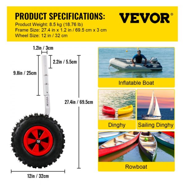 VEVOR boat launching wheels with 12-inch tires for inflatable boats, dinghies, and rowboats.