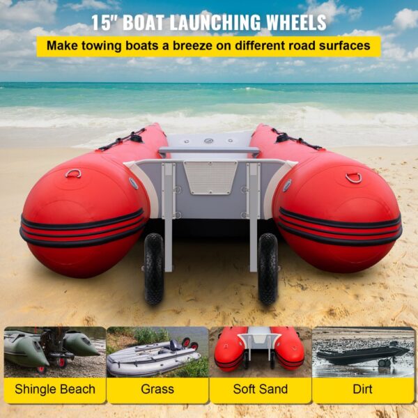 red inflatable boat on beach with VEVOR boat launching wheels for easy transportation.