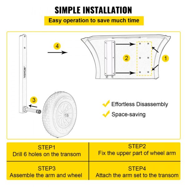 VEVOR boat launching wheels installation steps with highlights on easy operation.