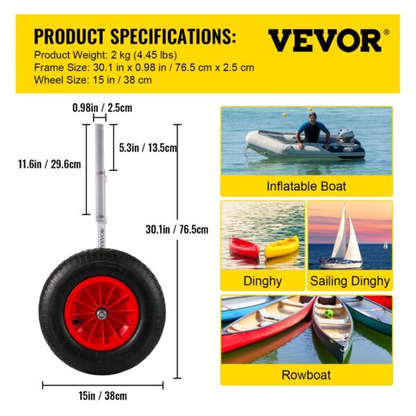 VEVOR boat launching wheels with red wheels, compatible with inflatable boats, dinghies, and rowboats.