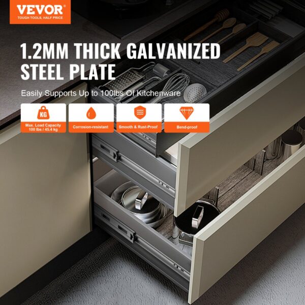 VEVOR drawer slides in kitchen drawers with utensils, showcasing max load capacity and corrosion resistance.