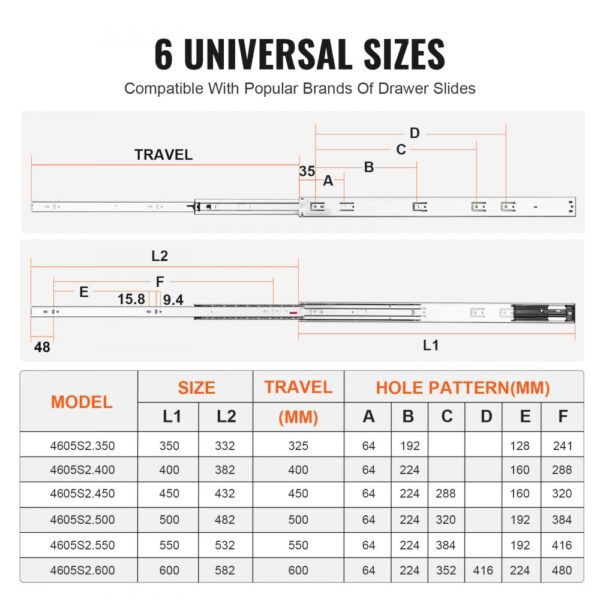 6 universal sizes chart for VEVOR drawer slides including model, size, travel, and hole pattern in mm.